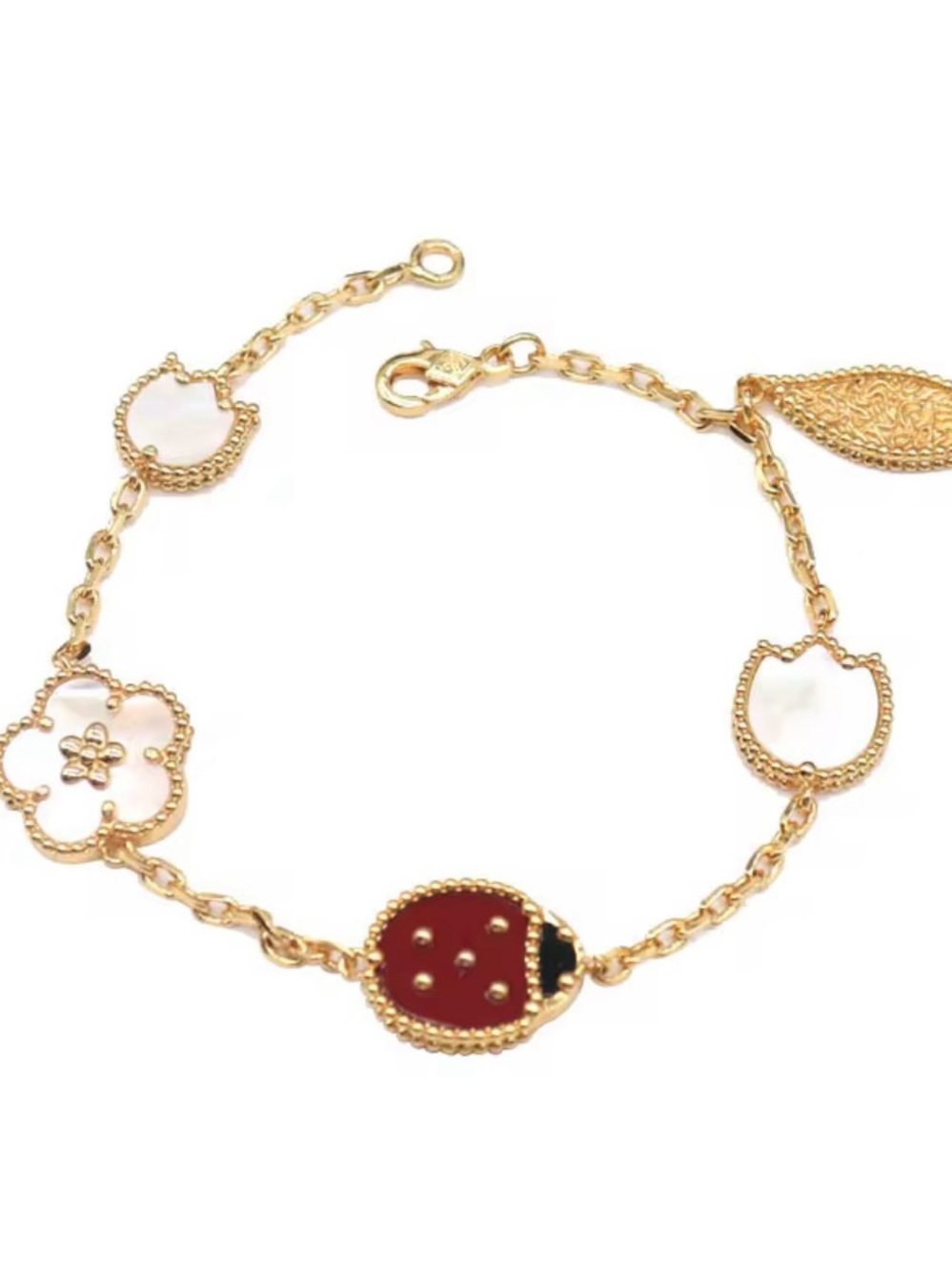 18k Yellow Gold Plated Red Carnelian Ladybug, MOP Florals Leafs Charm Bracelet